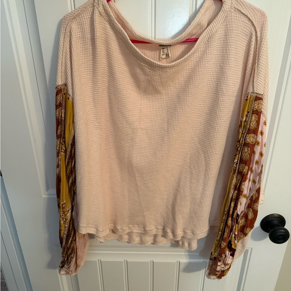 Free People Pink Waffle Knit Top with Patterned Sleeves